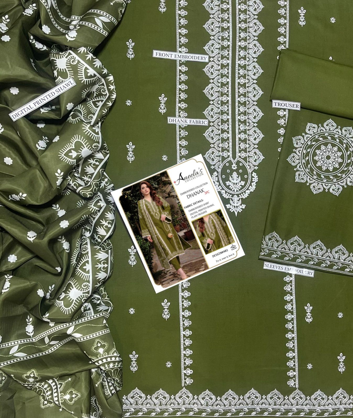 ANEELAS 3PC DHANAK EMBROIDERY SC 22
