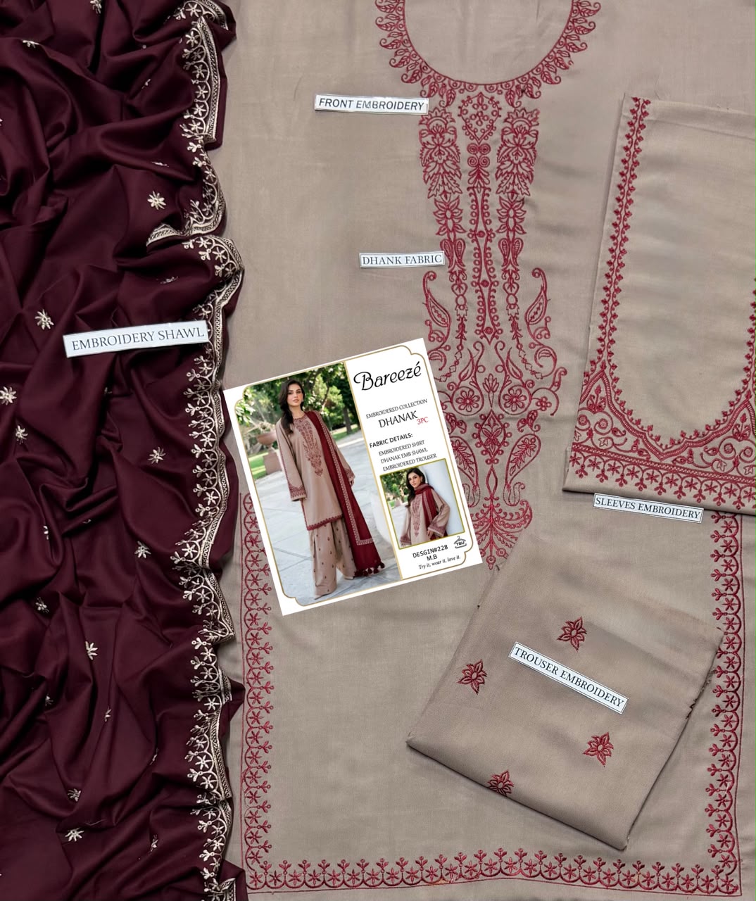 BAREEZE 3PC DHANAK EMBROIDERY SC 10